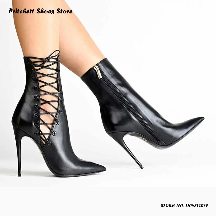 

Women's Cut-out Stiletto Ankle Boots Spring Summer Cross-tied Lace-up Booties Elegant Pointed Toe Thin Heels Plus Size Shoes