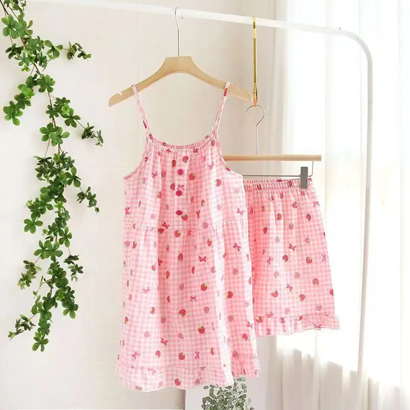 Summer Women's Pure Cotton Gauze Home Clothing Set Pink Strawberry Checkered Pajamas Loose and Comfortable 2024 New