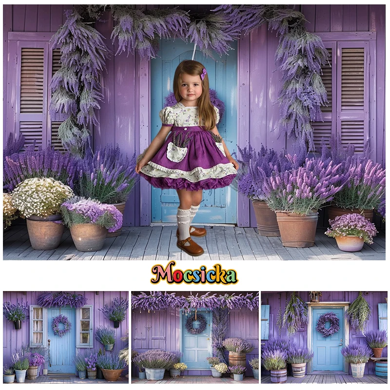 

Mocsicka Photography Background Adult Portrait Decor Purple Lavender Wreath Blue Door Wooden Striped Wall Backdrop Photo Studio