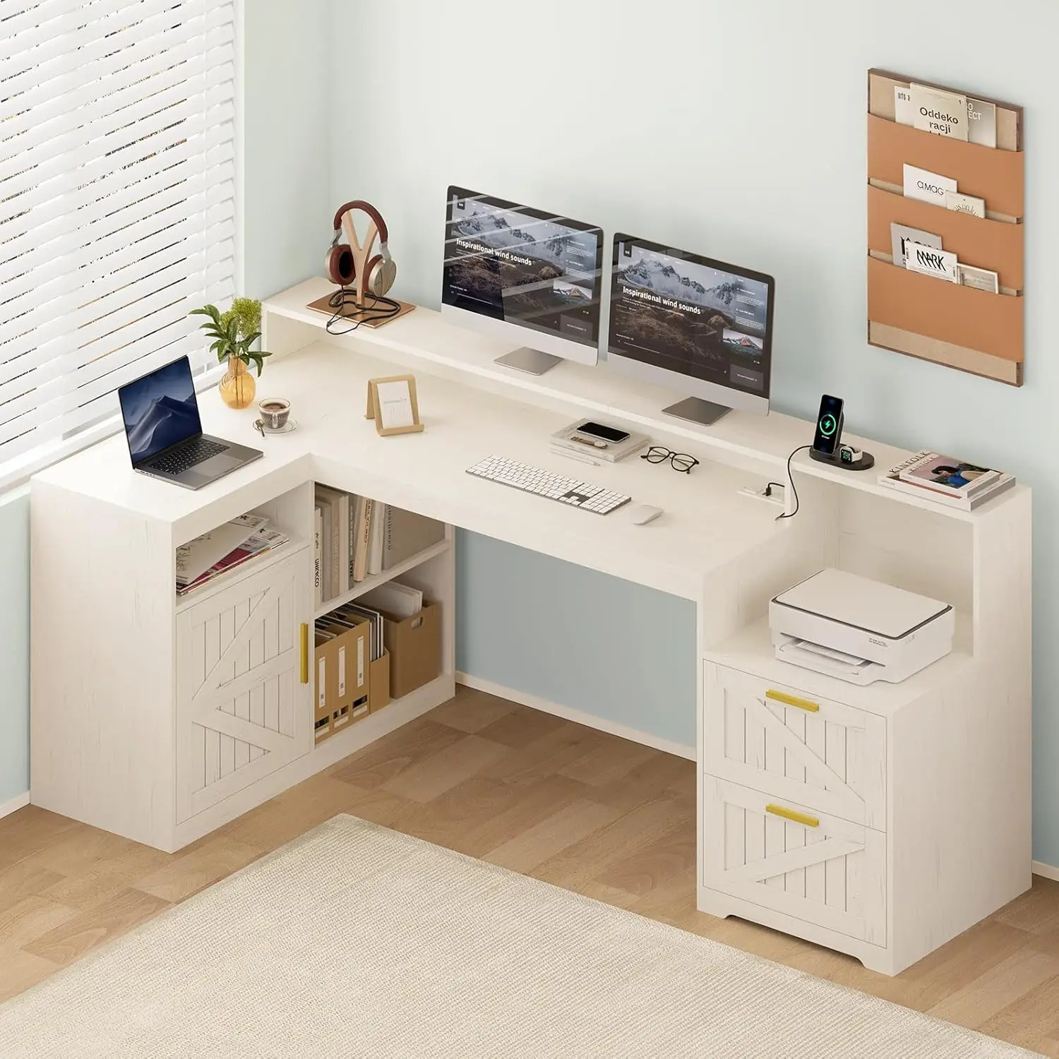 Farmhouse L Shaped Desk with Drawers, 62.2" Home Office Desk with Storage Shelves and Power Outlet, L Shaped, Customized
