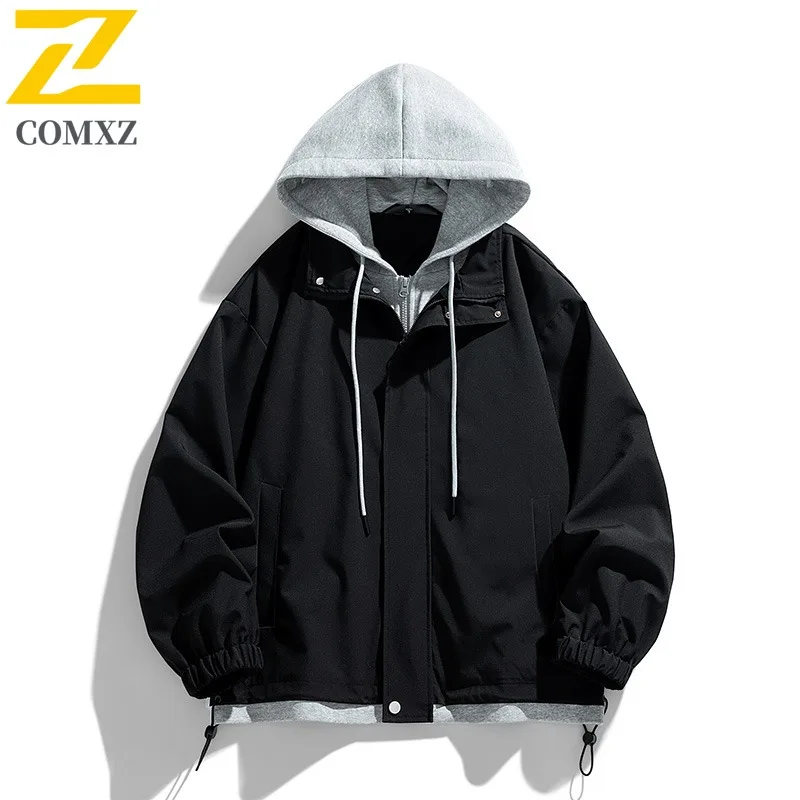 

COMXZ 2025 Мужская осенняя искусственная куртка из двух предметов, ветровка с капюшоном, свободная посадка для пары, повседневное модное легкое весеннее пальто