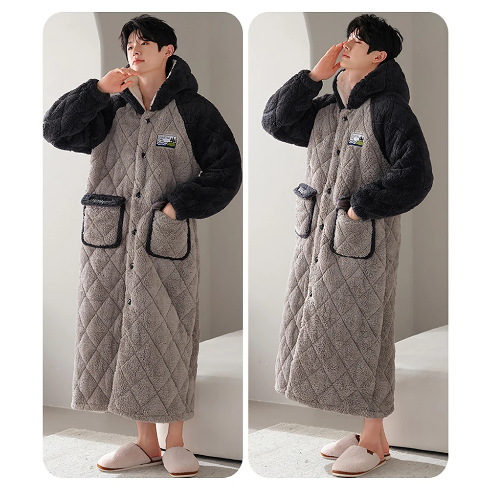 Winter Flannel Plaid Men\'s Bathrobe 3-layer Thicken Hooded Warm Windproof Shower Robe Casual Comfortable Sleepwear Night Gown