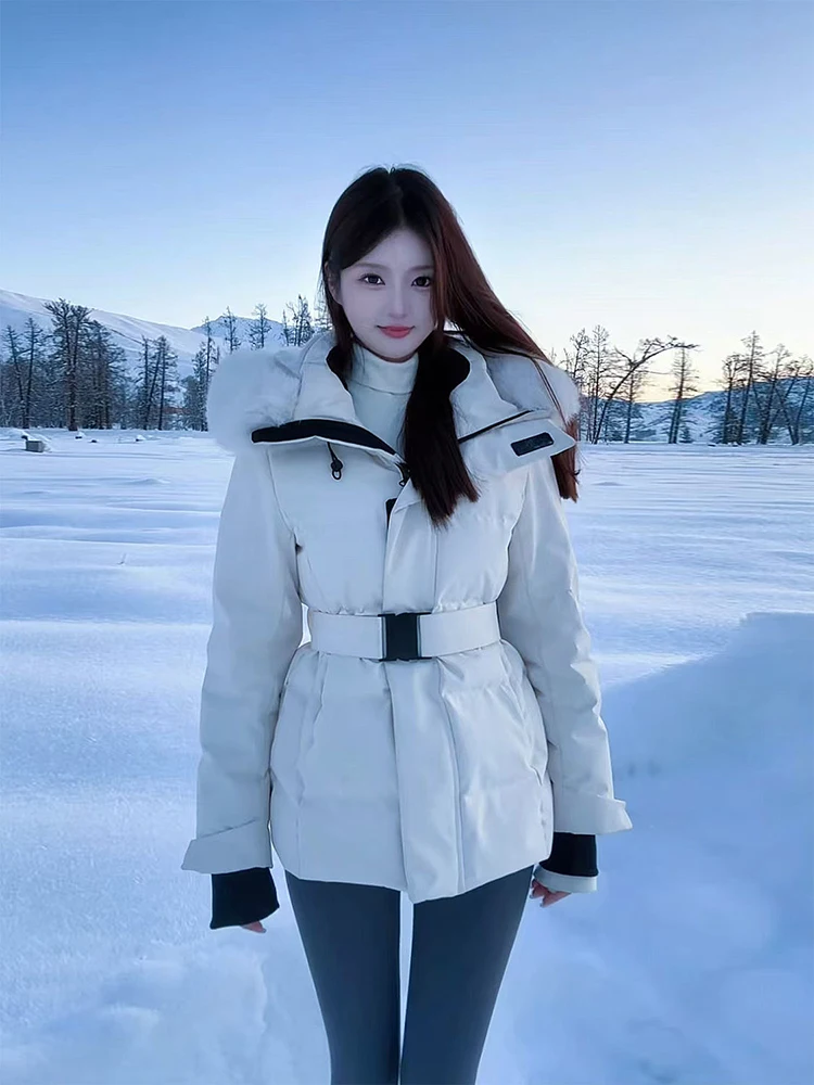 Winter Hooded Detachable Natural Fur Collar Down Jacket Women White Duck Down Warm Slim Jackets Female with Belt Parker Outwears