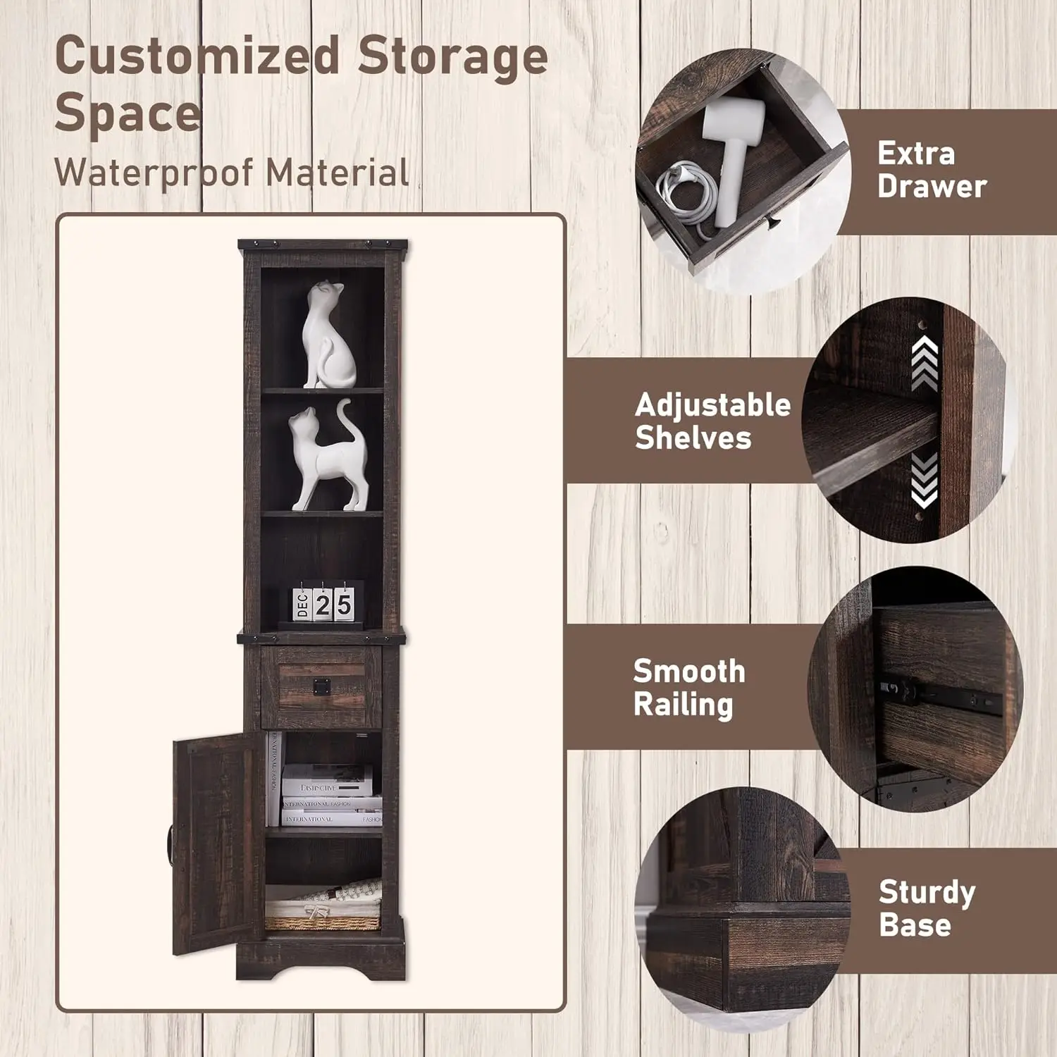 Bathroom Storage Cabinet,  with Adjustable Shelves & Storage Drawer, Tall Linen Tower for Bathroom, Living Room, Hallway