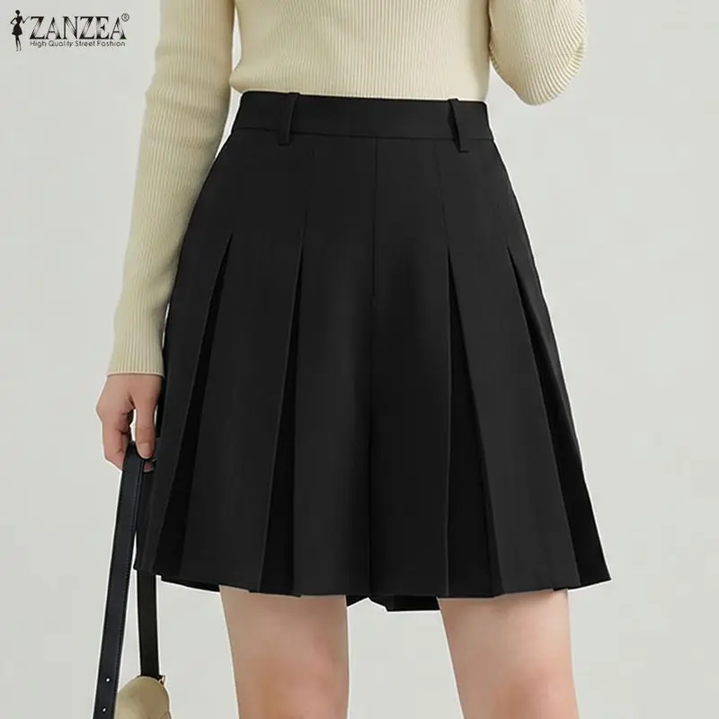 ZANZEA Women Minimalist Stylish Pleated Shorts Elastic Back Waist Solid Color Short Pants Elegant Commute Streetwear Skorts