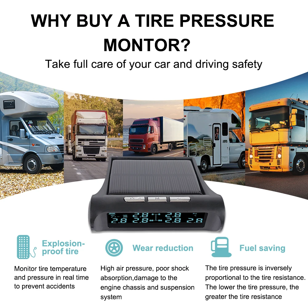 0-101Psi/7Bar Solar Powered 6 Sensors TMPS Autotruck Tire Pressure Monitoring System For Truck Bus Car Tyre Tester Alarm Digital