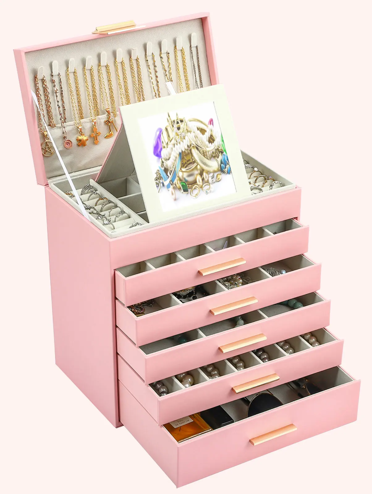 Large Jewelry Box,6-Tier PU Leather Jewelry Organizer ,Multi-functional Storage Case with Mirror,Accessories Holder wit ﻿