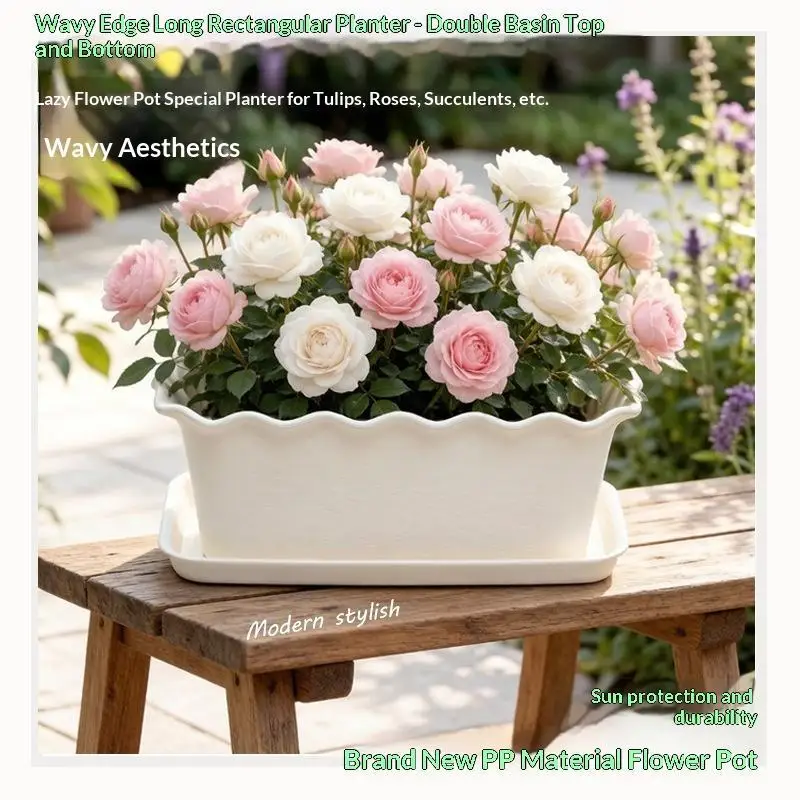 Cream Wavy Edge Rectangular Planter With Saucer Thick Durable UV Resistant Perfect For Balcony Patio Flower Herb Gardening