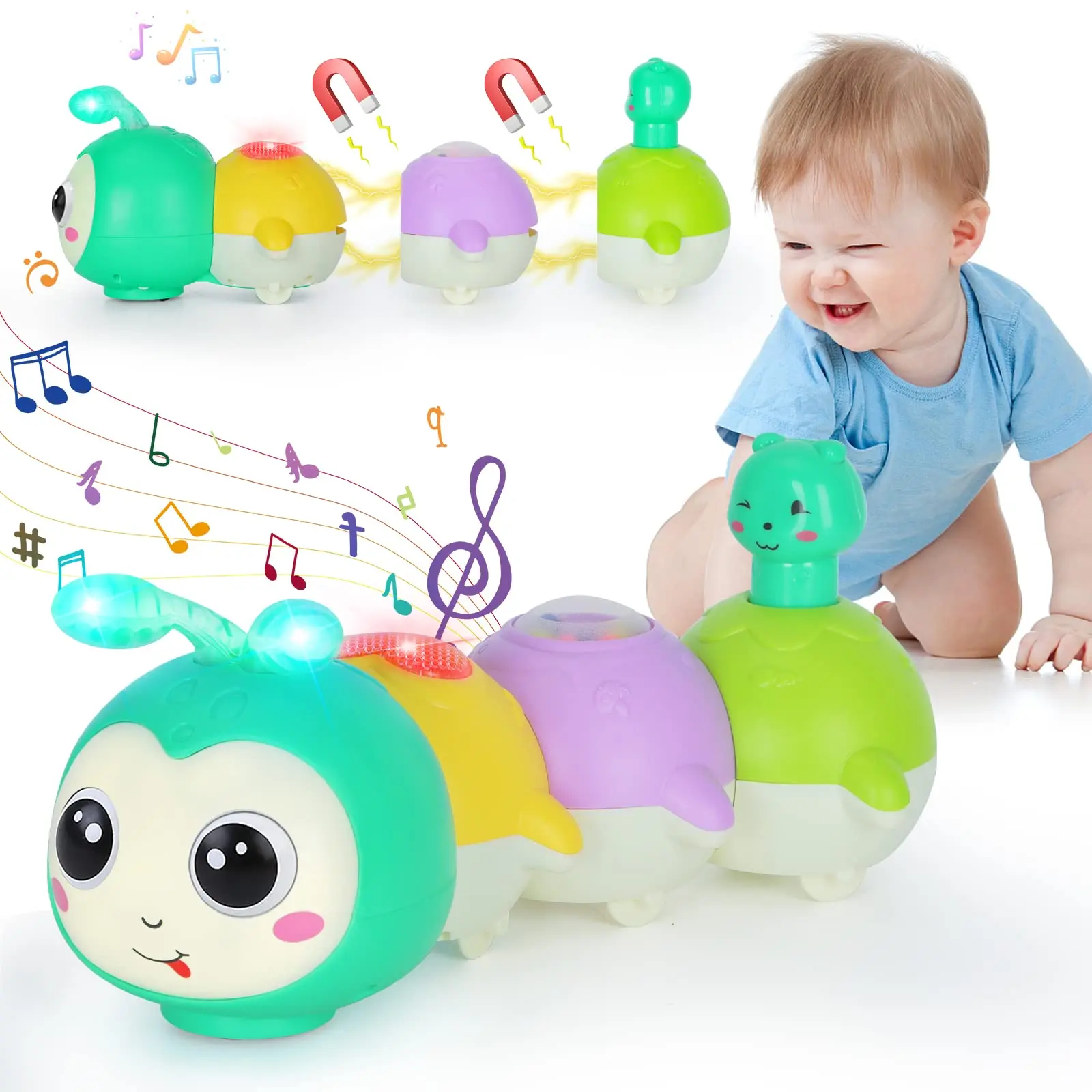 Baby Crawling Caterpillar Musical Interactive Toy Infant Tummy Time Sensory Early Education Toy with Magnetic Music Light up