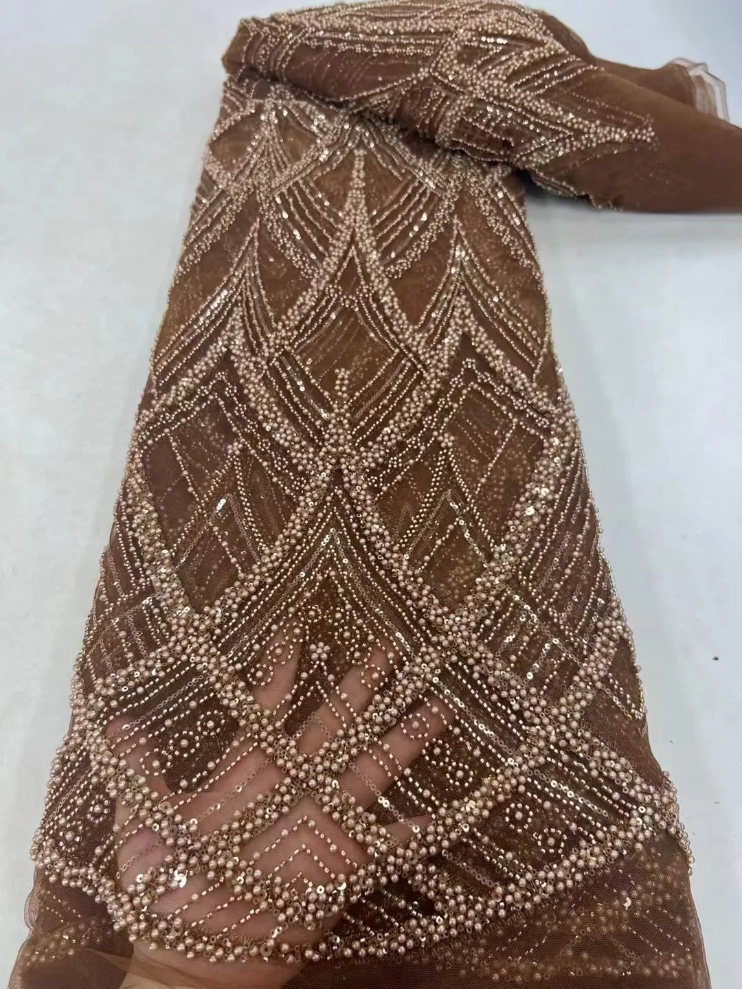 

Latest Brown Beads African Lace Fabric 2024 High Quality Groom Lace Nigerian French Tulle Lace Fabric Embroidery for Women Dress