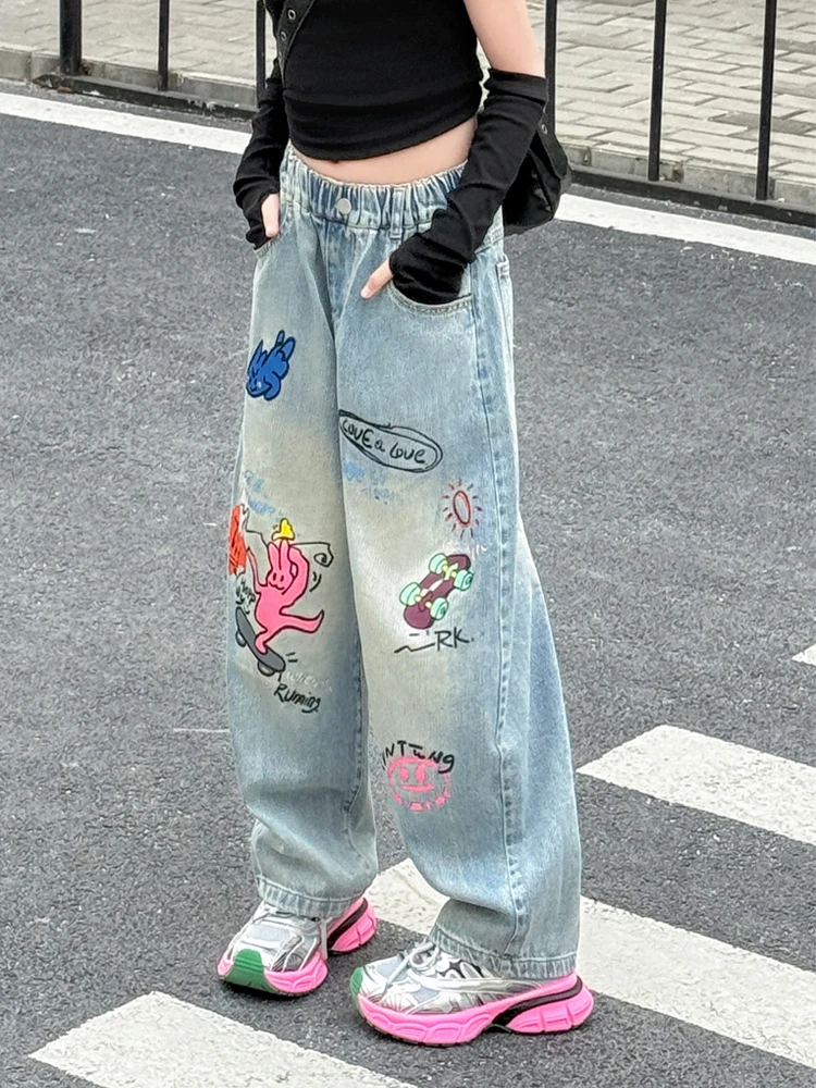

Spring Fashion Graffiti Wide Leg Jeans for Girls New 2025 Denim Trousers Student Style Casual Long Pants for Teens