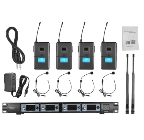 4 Channel UHF Wireless Handheld Headset Lavalier Clip on Microphone System Set