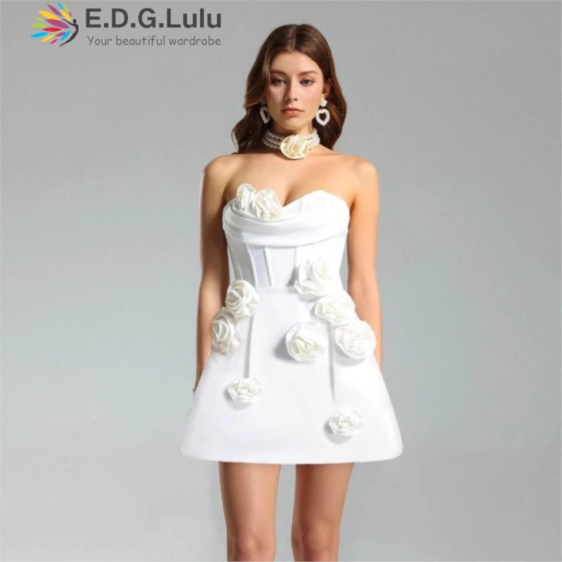 

EDGLuLu Strapless 3d Flower Splicing White Dresses Woman Sexy Sleeveless Backless Tight Bandage Mini Party Dress 0403