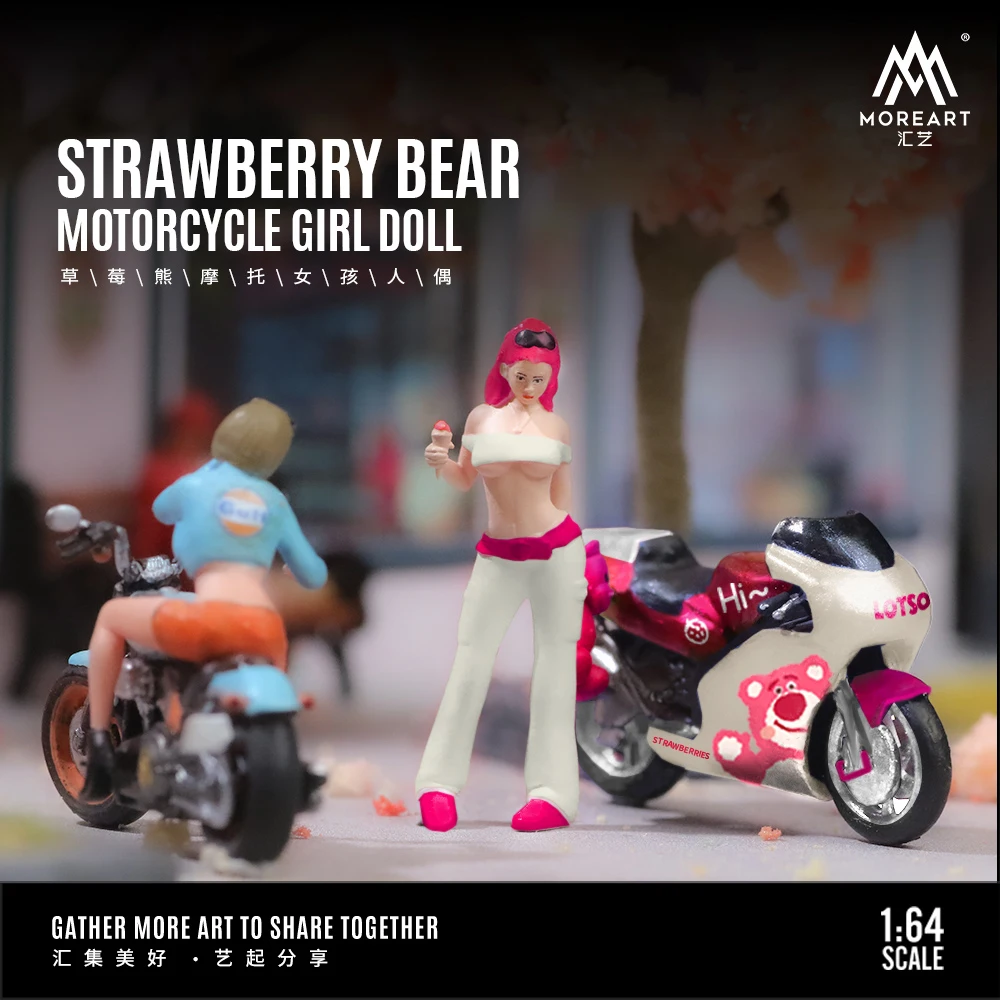 Moreart 1:64 Strawberry Bear Motorcycle Girl Figure Set