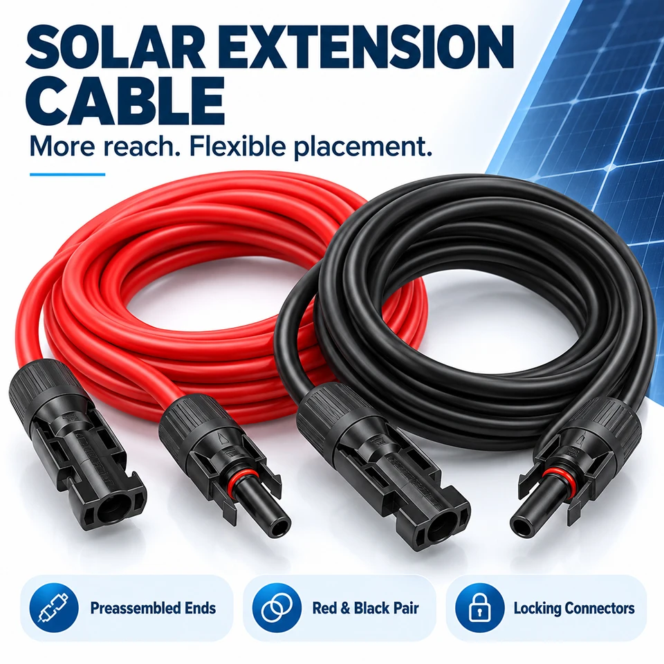Solar Panel Extension Cable Pair 2.5/4/6mm² 1/3/5/10m Each Red Black PV Wire with Male/Female Connectors for RV Off Grid Systems