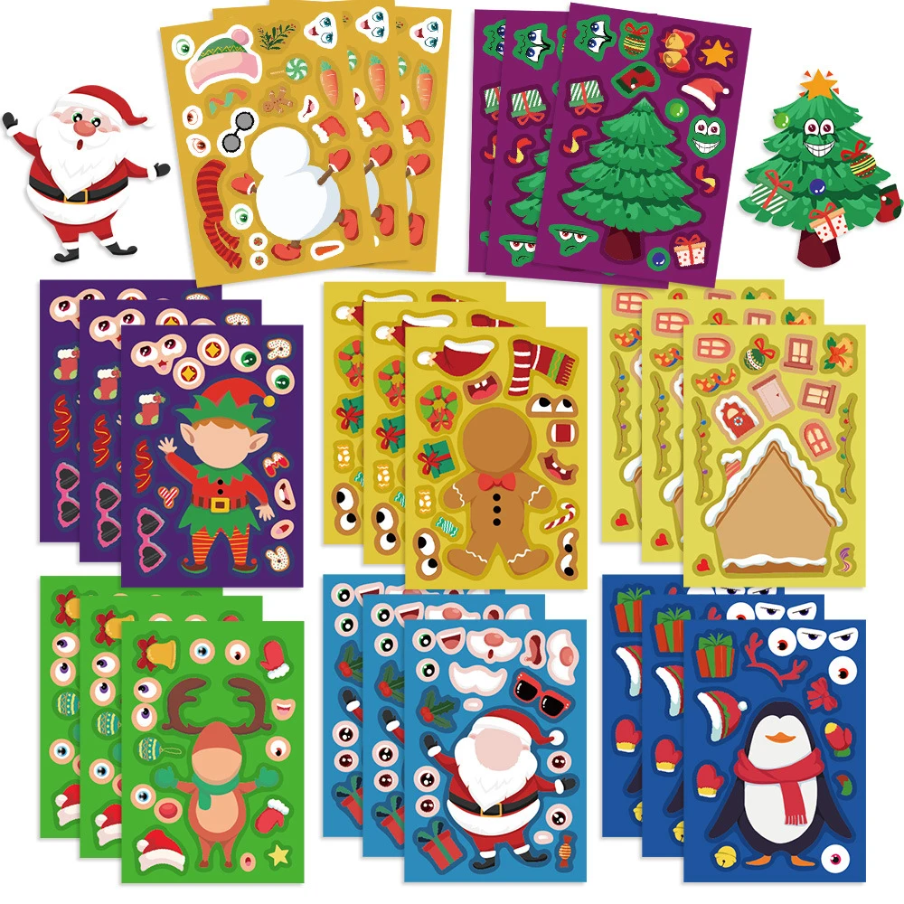 8/16Sheets Cartoon Christmas Make a Face Puzzle Stickers Children DIY Cartoon Assemble Jigsaw Kids Education Toy Party Game Gift