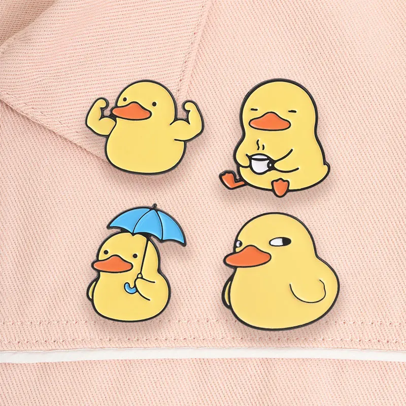Niedliche Enten-Emaille-Anstecknadel mit Seitenblick-Expression, Cartoon-Emo-Ente mit Regenschirm, muskulöse Posen, Enten-Brosche, Taschen- und Reversabzeichen, Schmuckgeschenk – Detail 9