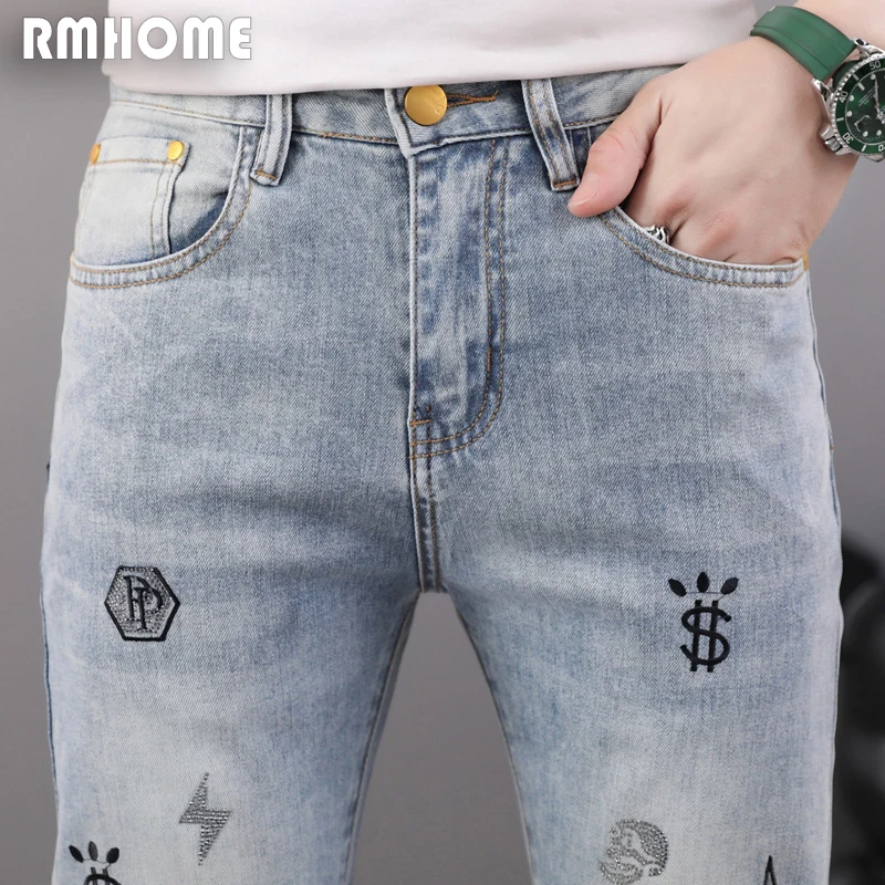 New Trend Men Jeans Embroidered Rhinestone Fashion Design Man Pencil Pants Slim Fit High quality Versatile Trousers Denim Pants