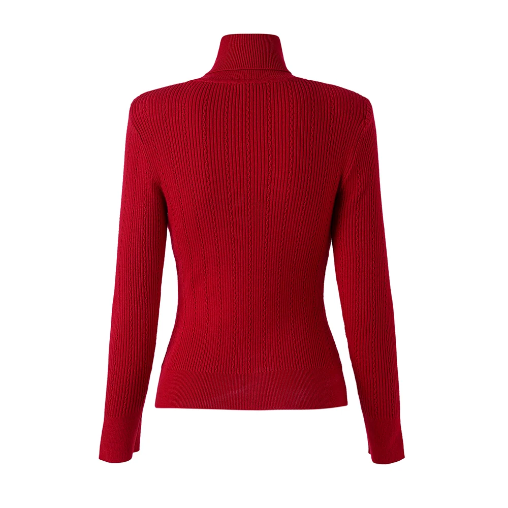 Classic Design Fall Winter Wool Blend Turtle Neck Warm Thick Knitting New Year Pullovers Red Sweater Tops with Shoulder Pads