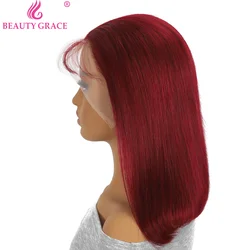 Perruque Bob Full Lace Wig naturelle lisse, cheveux courts, couleur bordeaux 99J, 13x4