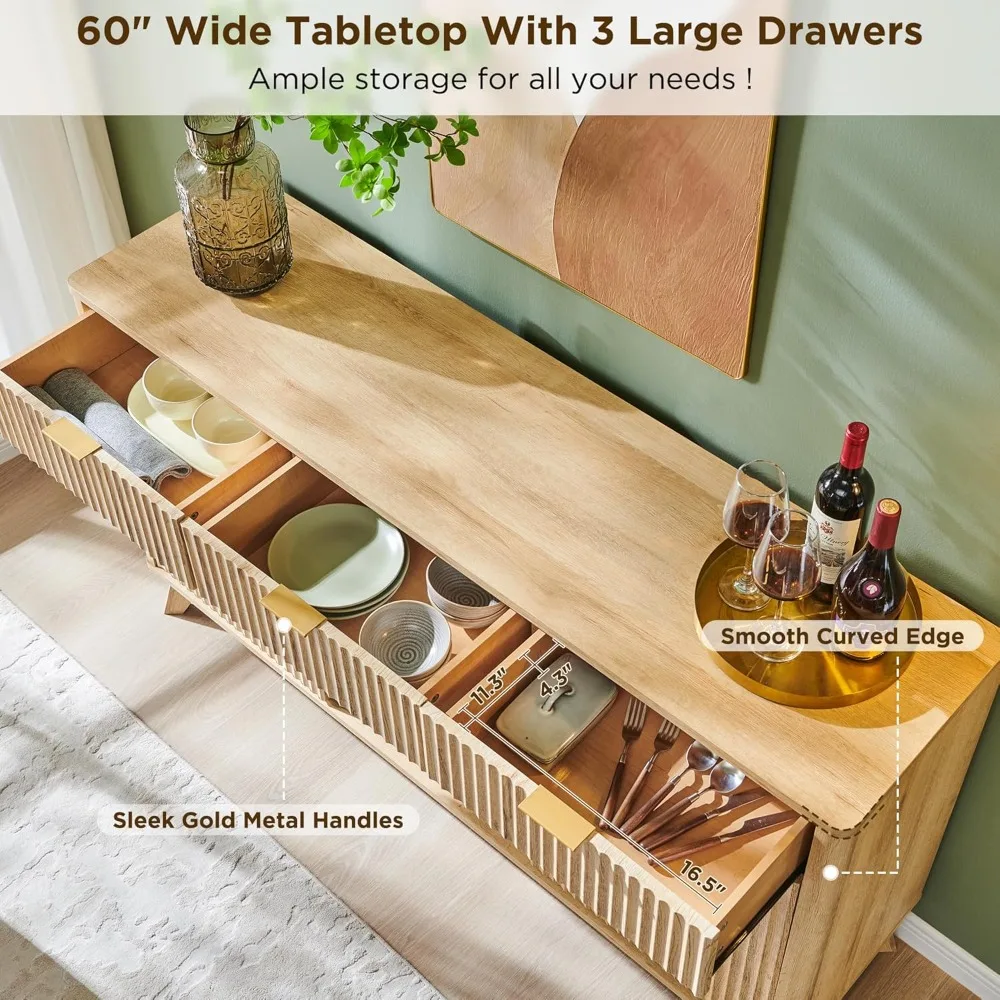 60 inch gecanneleerde buffetkast met opbergruimte - 3 laden en 2 deuren, moderne wijn- en koffiebarkast met wijn- en glazen rekken, si