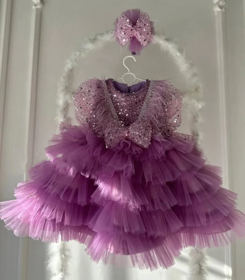 1-14 Years Glitter Sequin Flower Girl Dresses Full Sleeve Children's Big Bow Birthday Party Princess Ball Gown Kid Size 12M