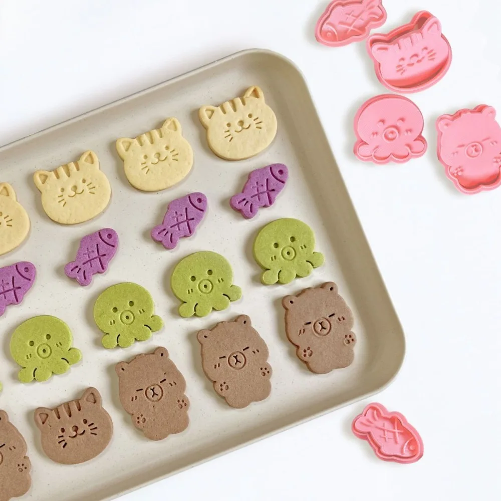 Cute Cartoon Cat Fish Shape Cookie Stamps Cutters Cat Octopus Capybara Biscuit Embossers Molds Fondant Cake Decoration Tools