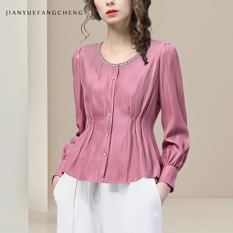 

Fashion Pearls Beaded O-neck Pink Button-down Blouse For Women- Long Sleeve Cinched Waist Female Casual Woven Top Shirts