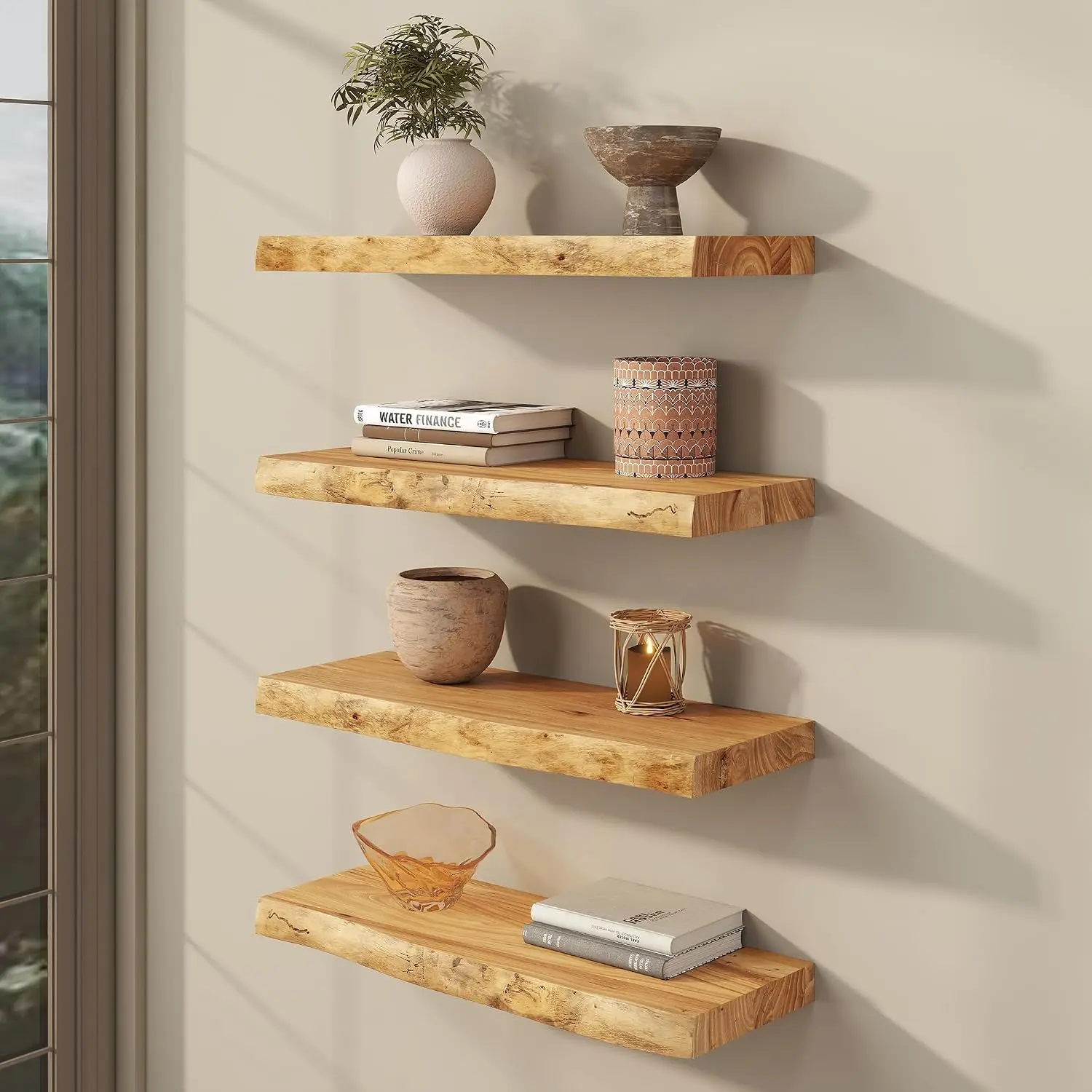 Storage Organizer Live Edge Floating Shelves for Wall, 24 Inch Solid Elm Wood Shelves