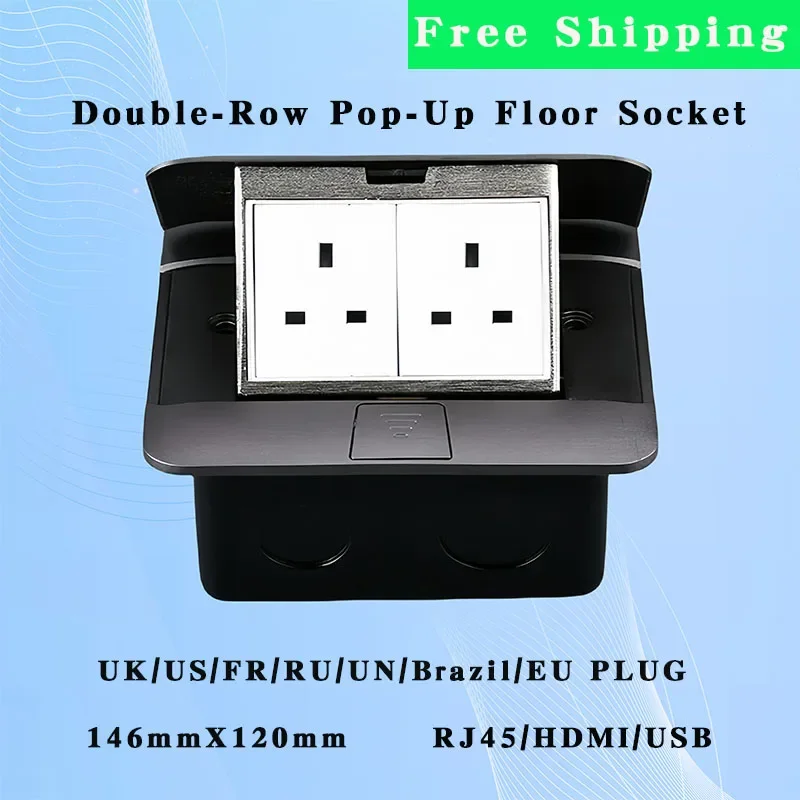 146mmX120mm Double-Row Pop-Up Floor Socket UK/UN/EU/FR/Brazil/RU/US Plug RJ45/HDMI/USB Slow Hidden Ground Outlet Office Kitchen