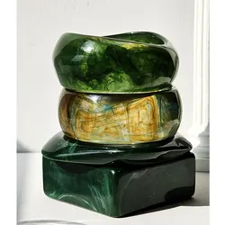 Retro Geometric Irregular Square Green Smudge Chunky Resin Bracelet for Women Girl Vintage Bangle HUANZHI 2025 NEW