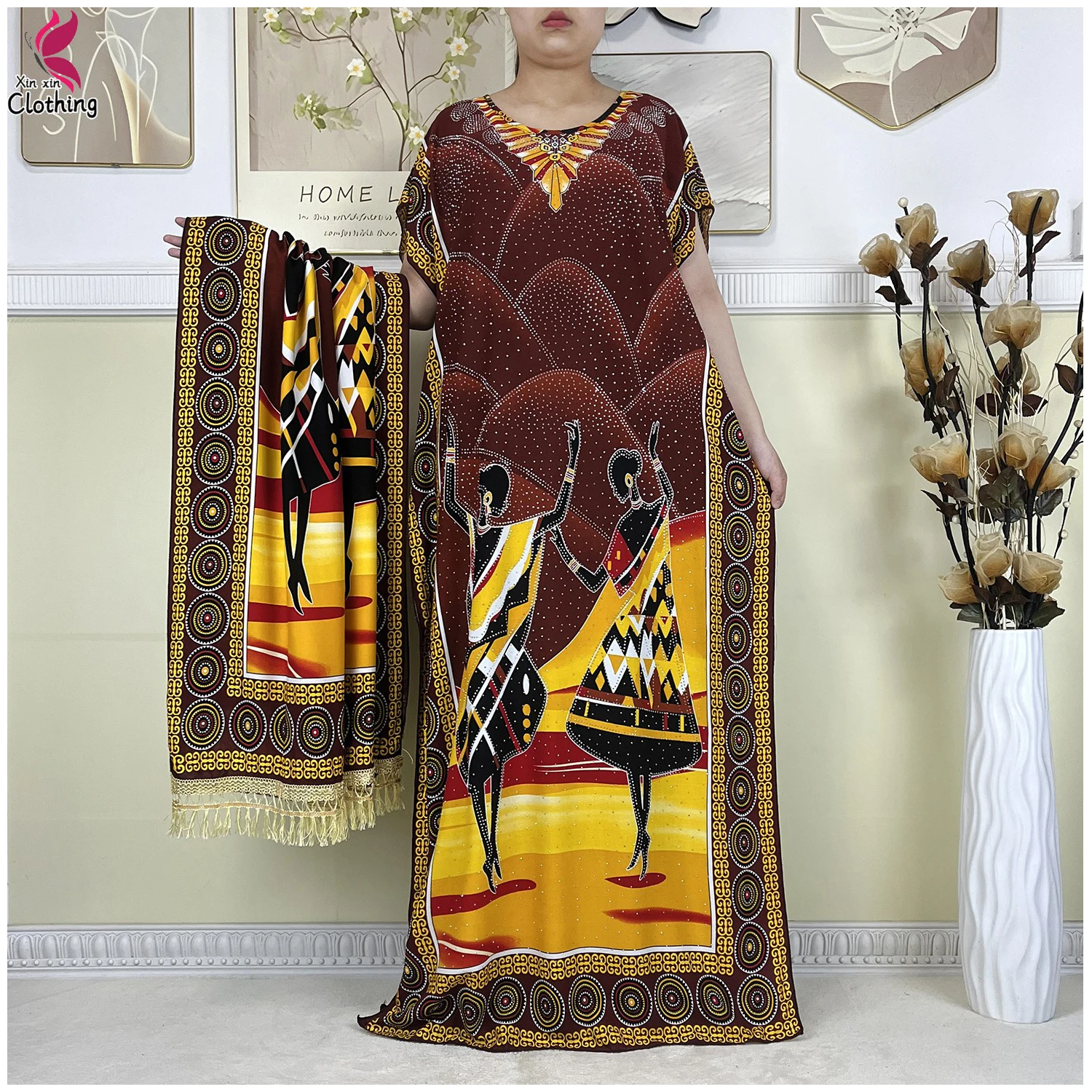 

New Fashion Summer Short Sleeve Dress African Dashiki Floral Printing Cotton Caftan Lady Loose Maxi Islam Dress With Big Scarf