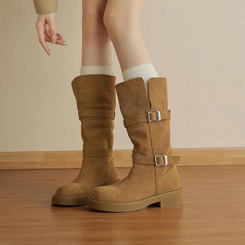 Retro Cow Suede Fold Over Boots Women Double Buckle Strap Round Toe Middle Flat Platform Boots Winter Warm Plush Knee High Boots