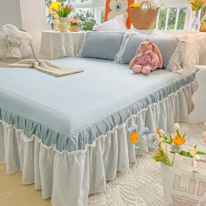 3PCS Set Angel White Romantic Chiffon Frilly Bed Skirt Pillowcase Three-piece French Bedspread Dorm Single Sheet