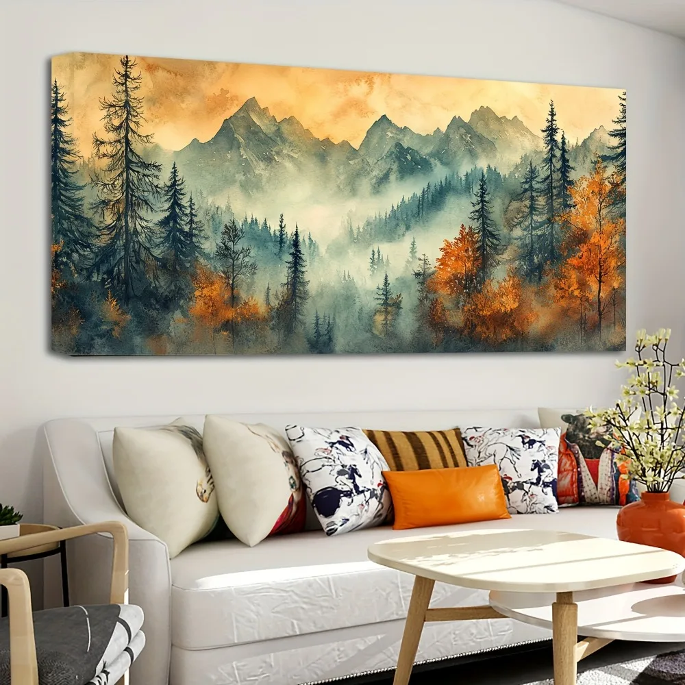 1.5 inch thick pine solid wood frame, vintage fall watercolor country landscape canvas painting farmhouse decoration wall