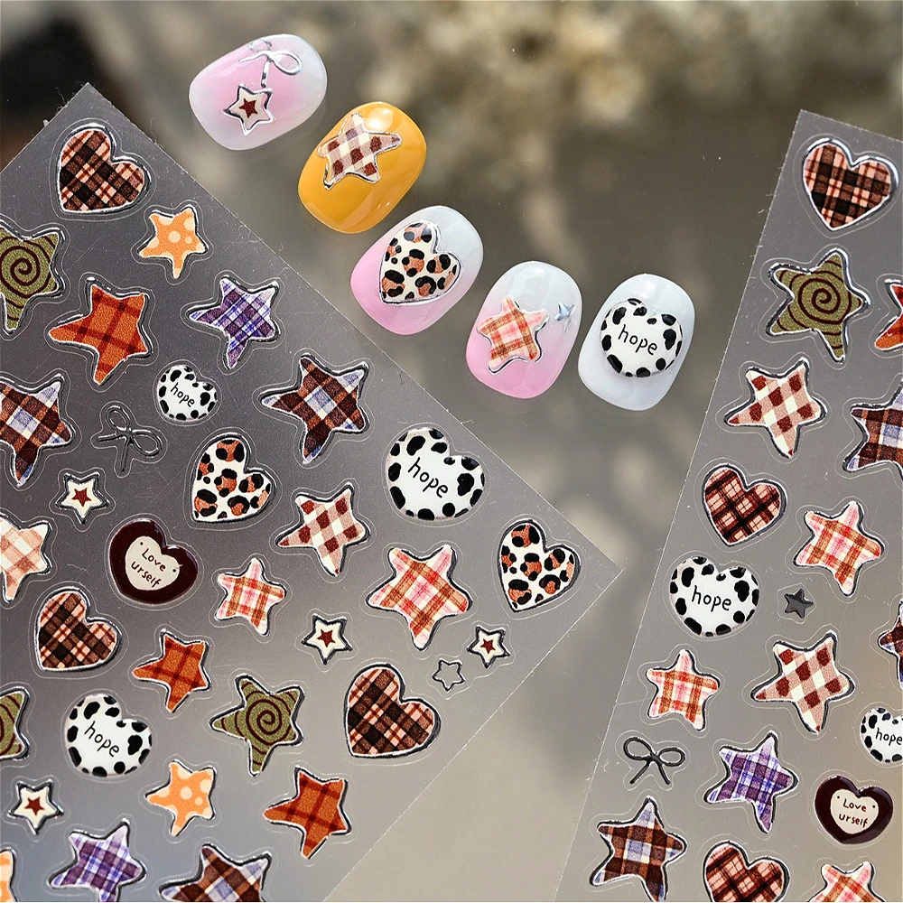 

Retro Plaid Leopard Print Stars Love Heart Lovely Collage Style 3D Self Adhesive Nail Art Sticker Silver Stamped Manicure Decals