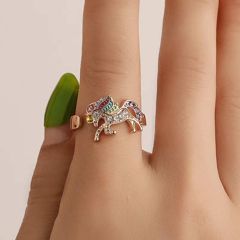 hot selling accessories temperament unicorn ring colorful pony opening adjustable ring women's diamond-set hand ornament postage