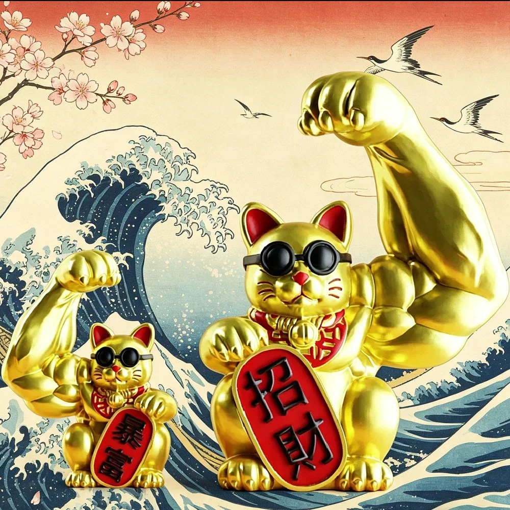 Muscle Lucky Cat Figurine Gold Resin Strong Arm Neko Statue for Home Office Desk Decor Gift Cartoon Animal Housing Decoration