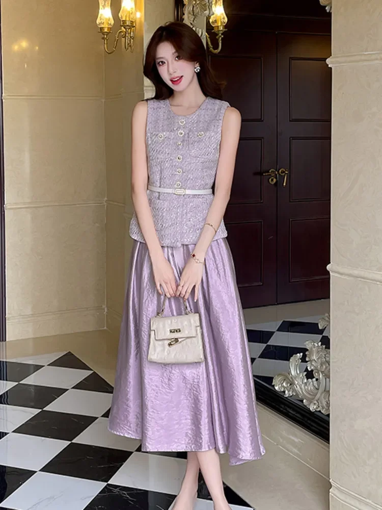 

Женский наряд, милый модный жилет, топ + длинная юбка, комплект из двух предметов Conjuntos Cortos, высококачественный французский маленький ароматный комплект из 2 предметов