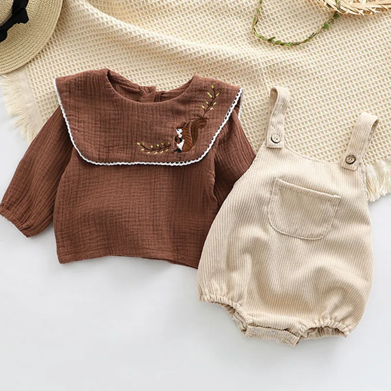 2024 New Infant Baby Girls Clothing Set Cotton Embroidered Shirt+Corduroy Jumpsuit Autumn Spring Toddler Baby Girl Clothes Suit