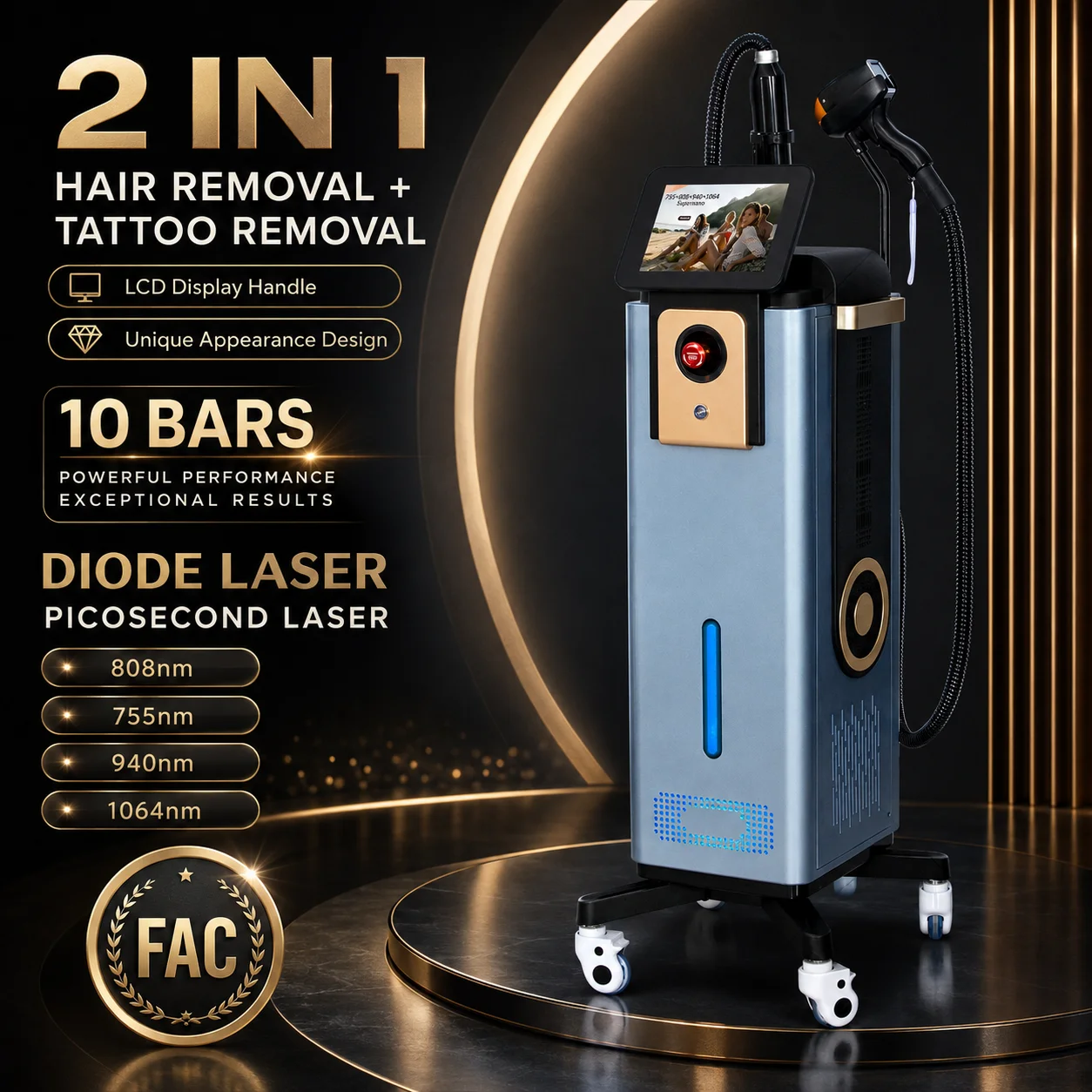 2 in 1 Floor Standing Diode Laser Hair Removal System with FAC Technology 4 Wavelengths Beauty Machine for Salon and Clinic