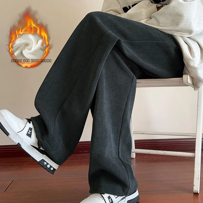 

Men's Corduroy Pants Winter Thiened Fce Wide Leg Straight Casual Trousers Faionable American Sle Youthful Energy