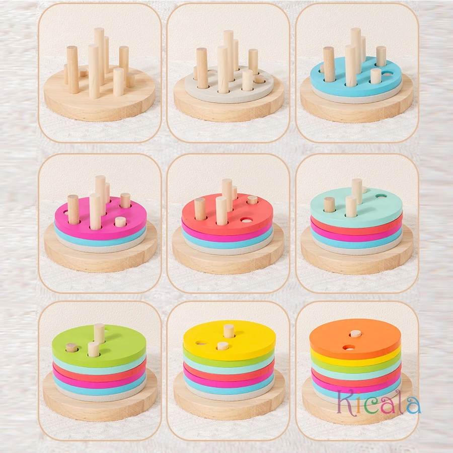 Giocattolo in legno con torre arcobaleno per bambini Set di colori Cilindri colorati Coordinazione occhio-mano Esercizio Regalo per lo sviluppo dell'intelligenza