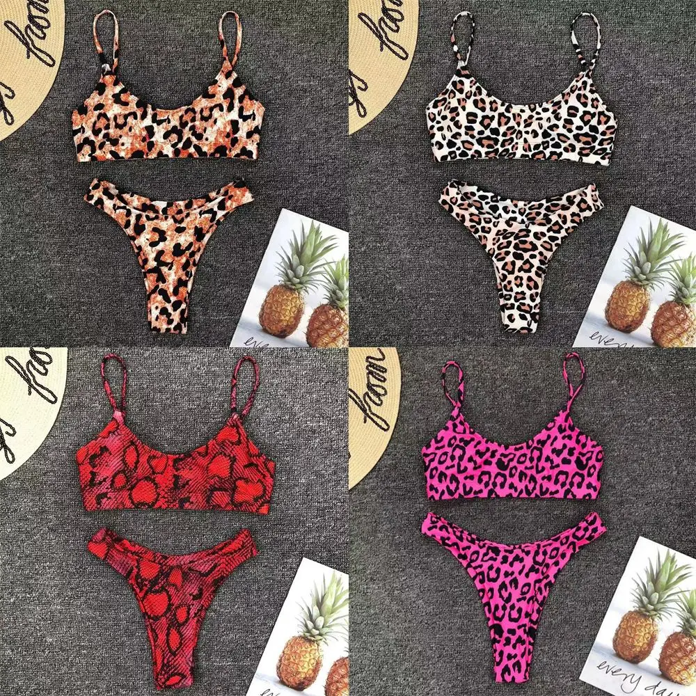 Woman Girl Low Waist Backless Two Piece Bikini Set Leopard Print Swimsuit Split Swimwear