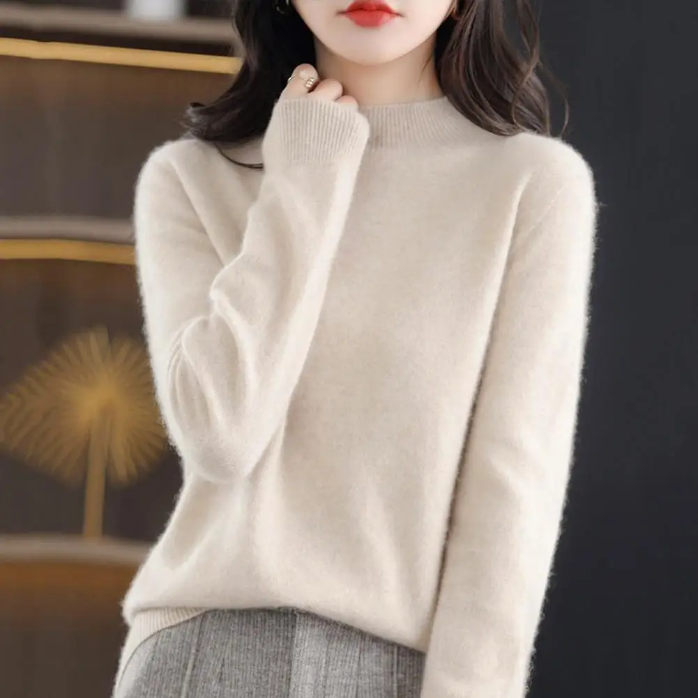 Autumn Winter Women Sweaters Long SleevePullover Sweater  Solid Color Mid Collar Soft Stretchy Knitted Bottom Basic Tops