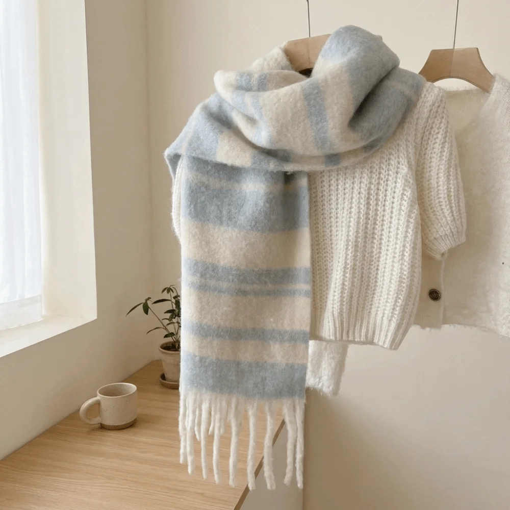 Simple Mohair Stripe Wool Scarf Tassel Thicken Winter Cashmere Scarves Warm Plush Long Shawl Girl