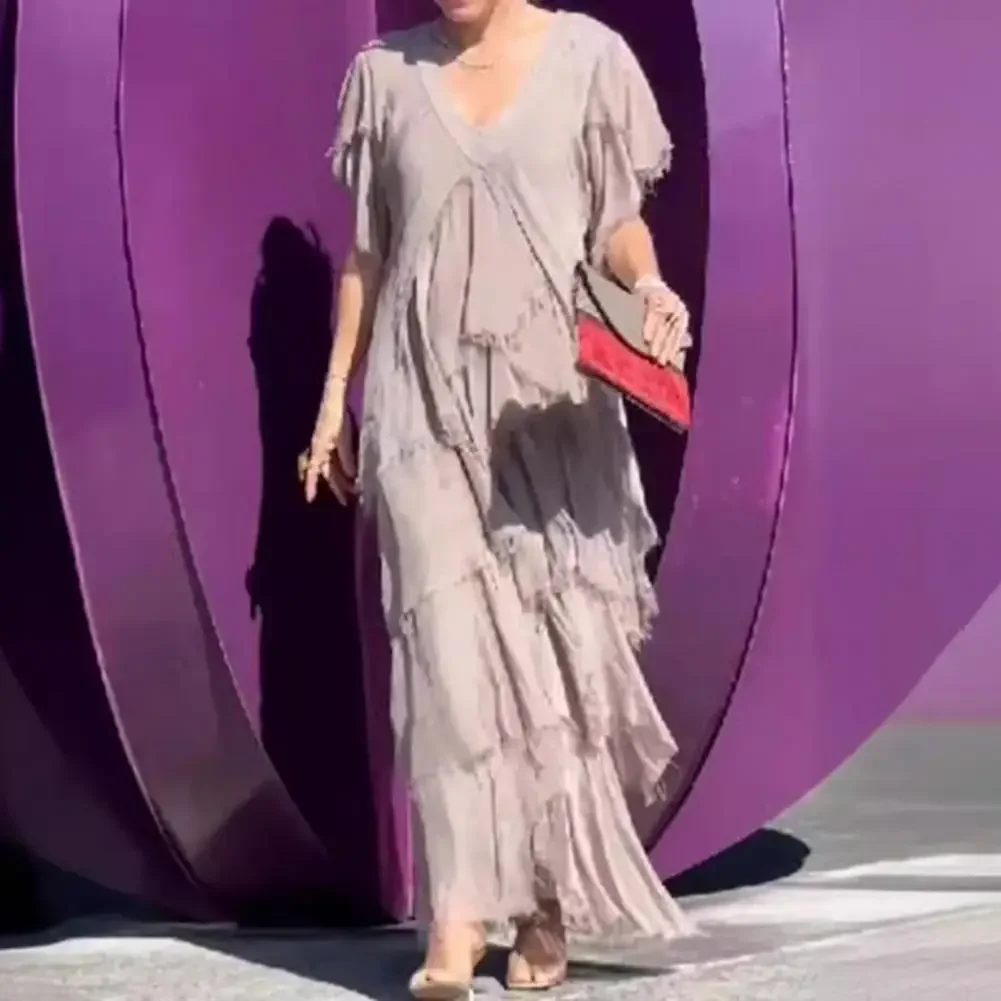 Vestido de noite feminino para o verão cor sólida manga curta vestido de festa lantejoulas retalhos rasgado espalhado em camadas vestido com decote em v