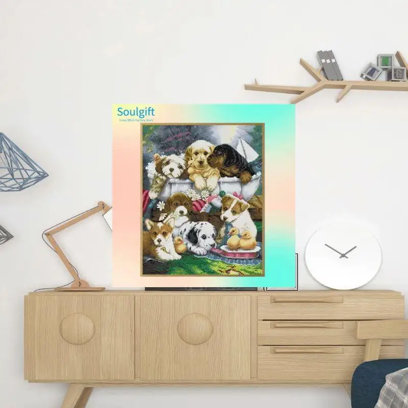 

Собака купание-Soulgift Новый набор для вышивки крестом с предварительной печатью, идеальное качество. Позолоченные нитки DMC 9CT/11CT/14CT/16CT, набор для вышивания