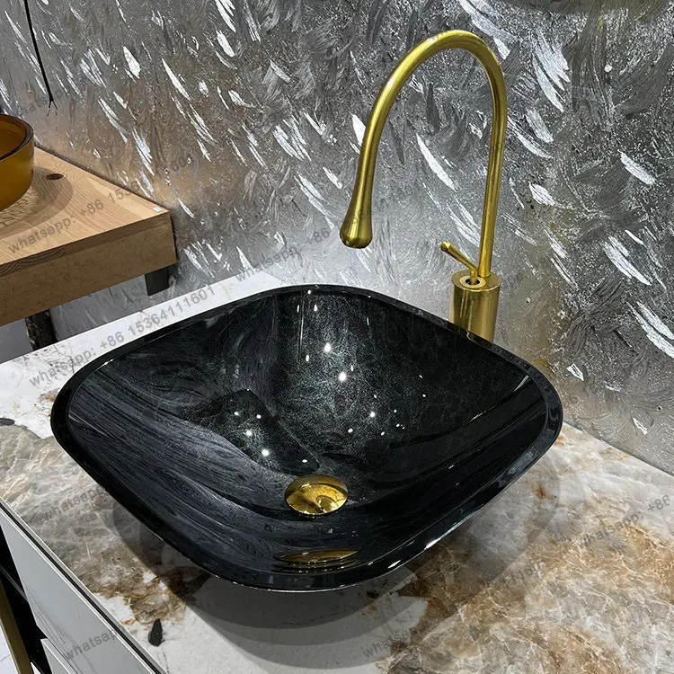 X4  Tempered glass countertop basin home simple gray blue art basin ingot-shaped homestay square creativity