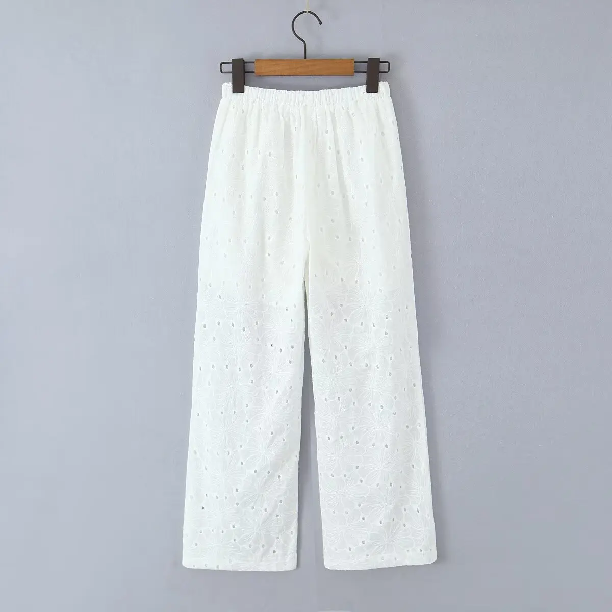 Dave&Di Summer Trousers French Country Embroidery Hollow Cotton Straight Pants High Waist Bohemian Casual Pants Women